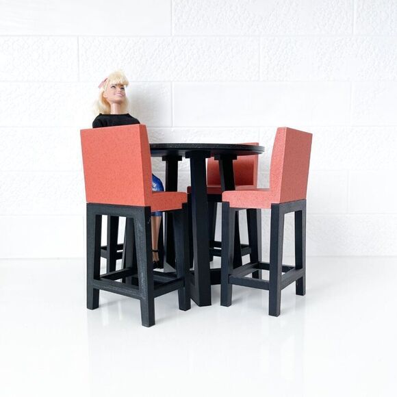 Miniature Barbie Bistro Black Table 4 Chairs 3D Printed Dollhouse Furniture - Picture 5 of 5